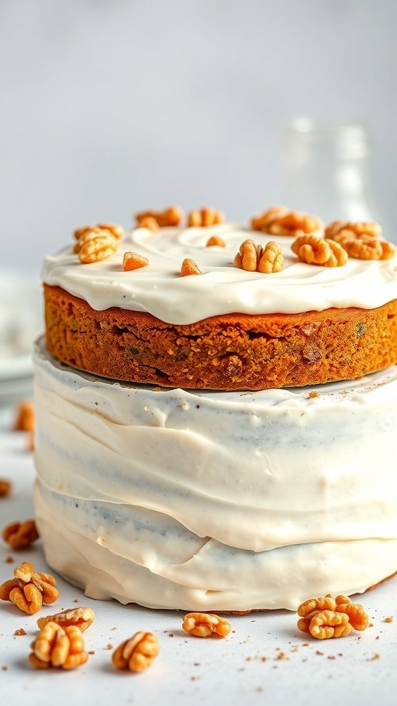 A layered carrot cake with cream cheese frosting and walnuts on top.