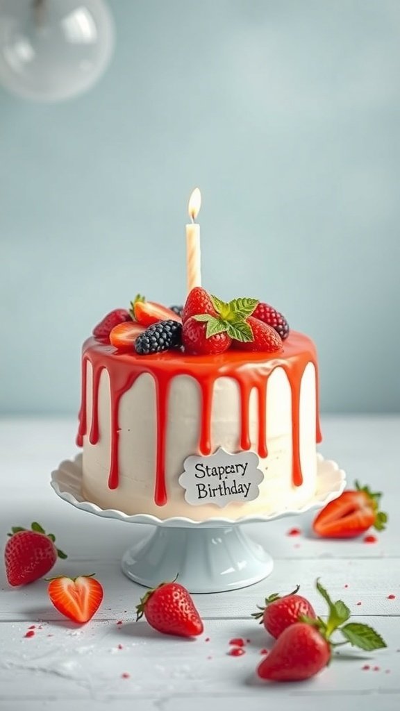 A charming strawberry drip cake with fresh strawberries and a candle on top, set against a light background.