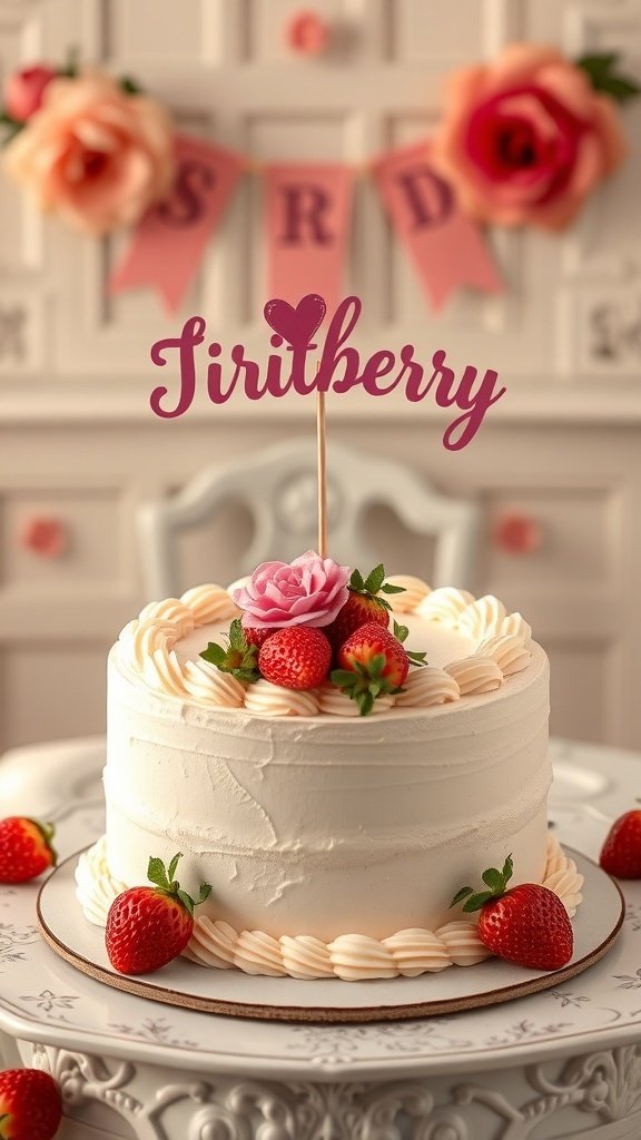 A strawberry birthday cake with floral decorations and a 'Strawberry' topper.