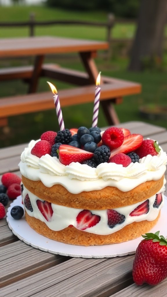 A birthday cake topped with whipped cream and various berries, with candles lit on top.