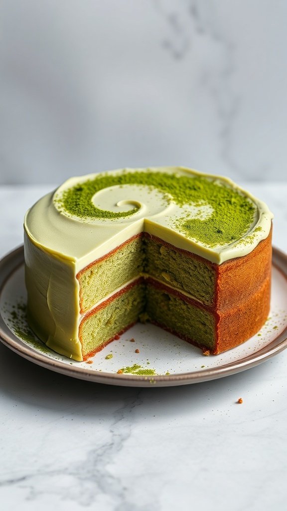 A beautifully layered matcha green tea cake with a slice taken out, showcasing its green and orange layers.