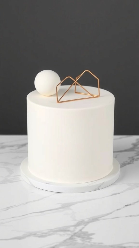 A minimalist white fondant cake with geometric decorations on top.