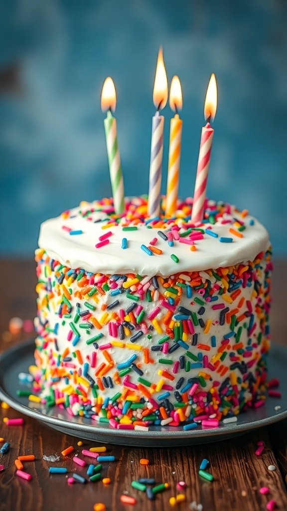 A colorful Funfetti birthday cake with sprinkles and candles
