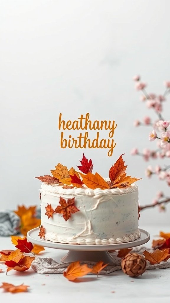 A birthday cake decorated with autumn leaves and a 'heathany birthday' message