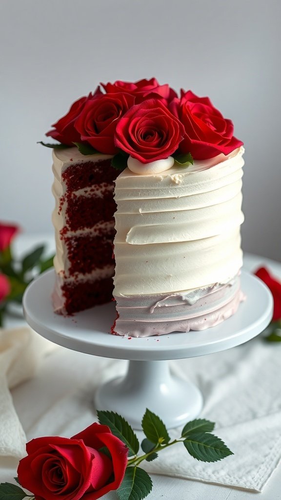 A beautifully decorated red velvet cake with cream cheese icing and red roses on top.