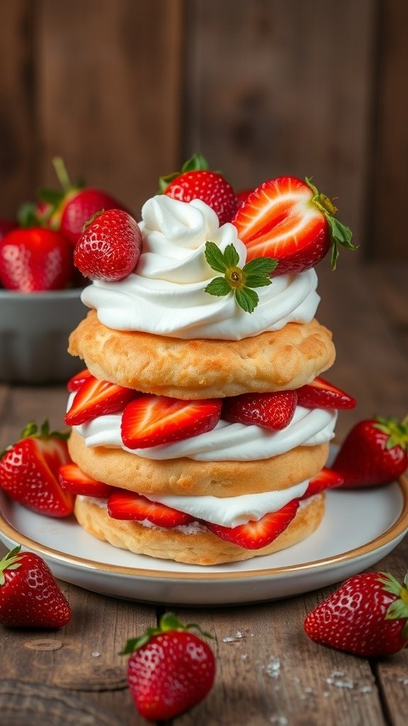 A delicious strawberry shortcake stacked with fresh strawberries and whipped cream.