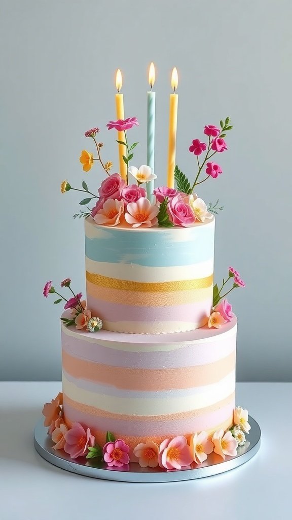 A two-tier birthday cake with pastel layers, decorated with flowers and candles.