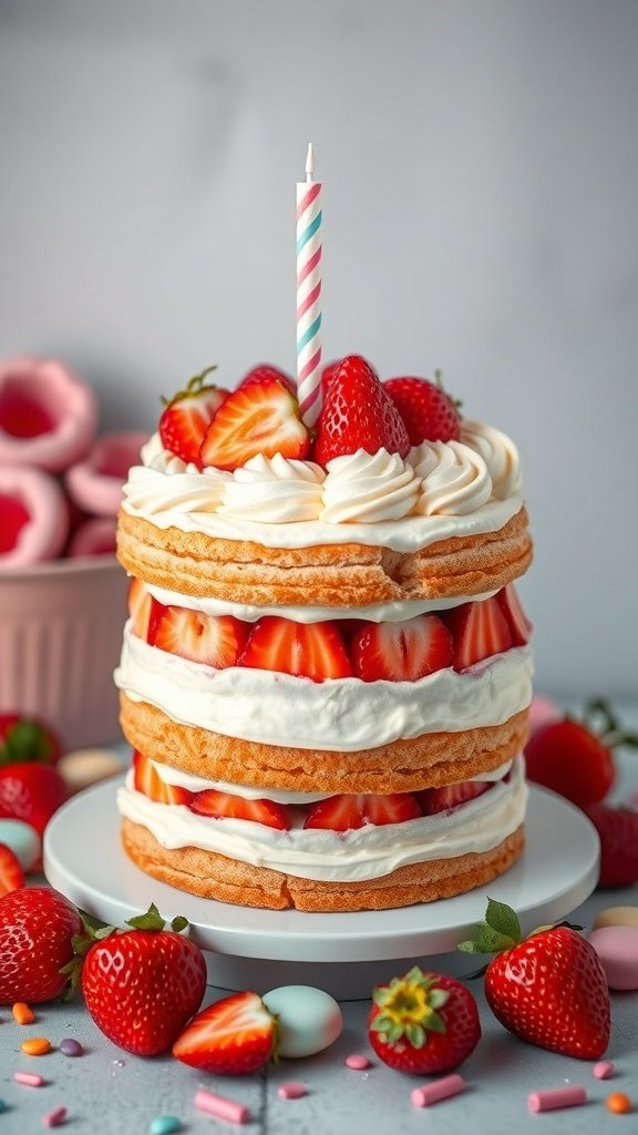 A whimsical strawberry birthday cake with layers of cream and fresh strawberries, topped with a candle.