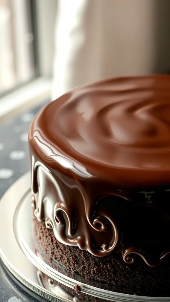 A beautifully glazed chocolate cake with a shiny mirror finish.