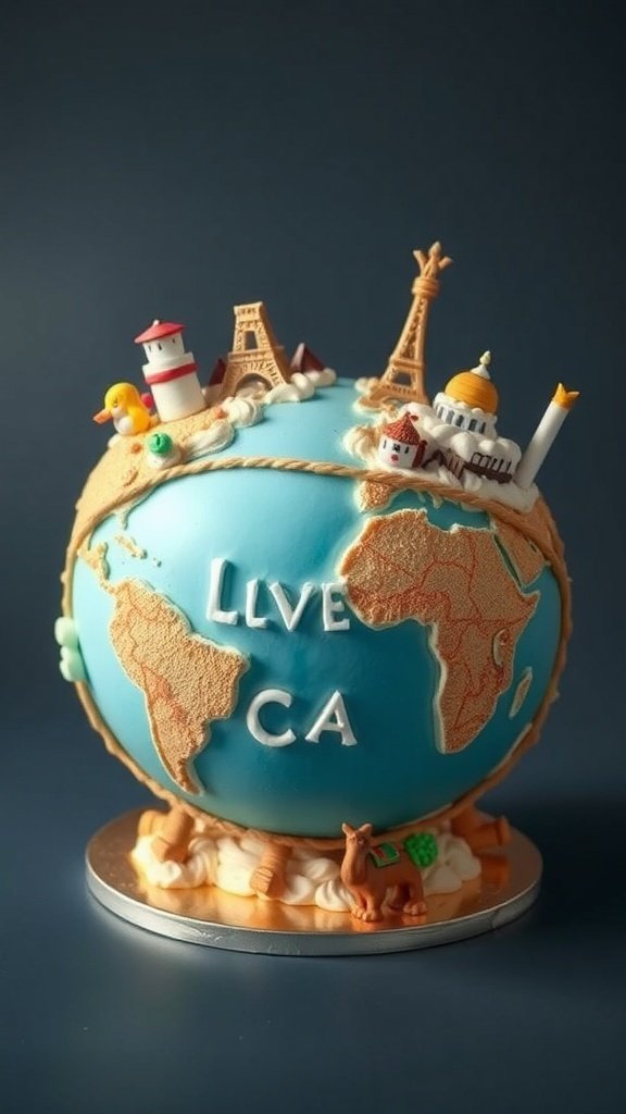 A globe-shaped cake with landmarks and vibrant colors.