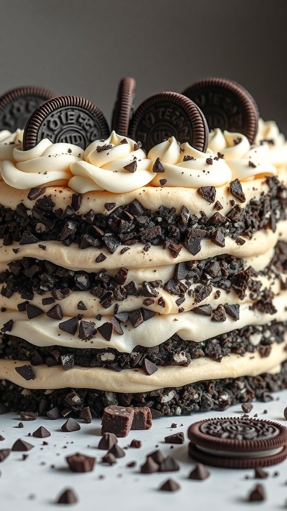A delicious Oreo cookie cake with layers of frosting and crushed Oreos on top.