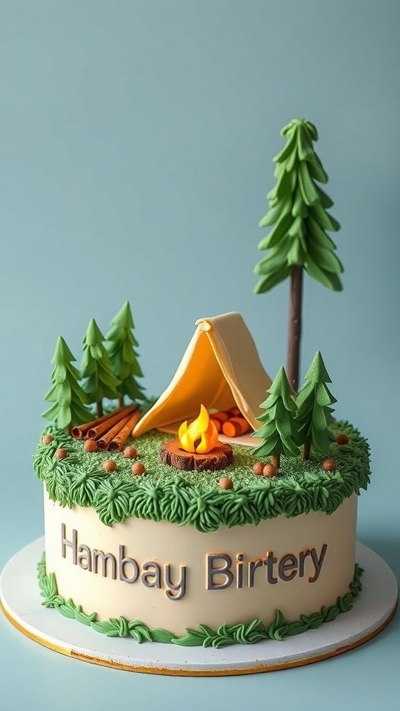 A beautifully decorated camping-themed birthday cake featuring a tent, trees, and a campfire.