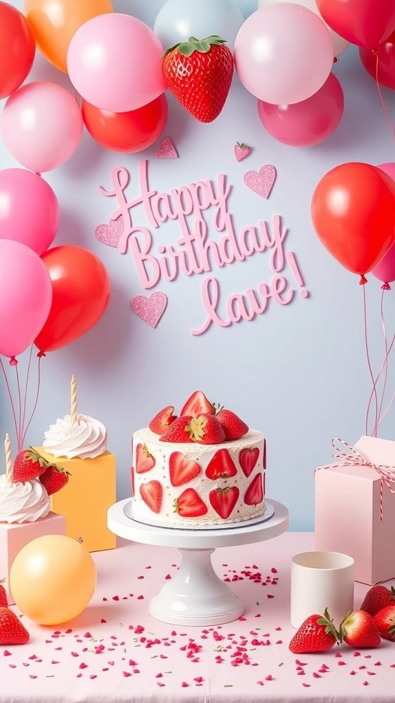 A strawberry-themed birthday party setup featuring a cake, balloons, and decorations.