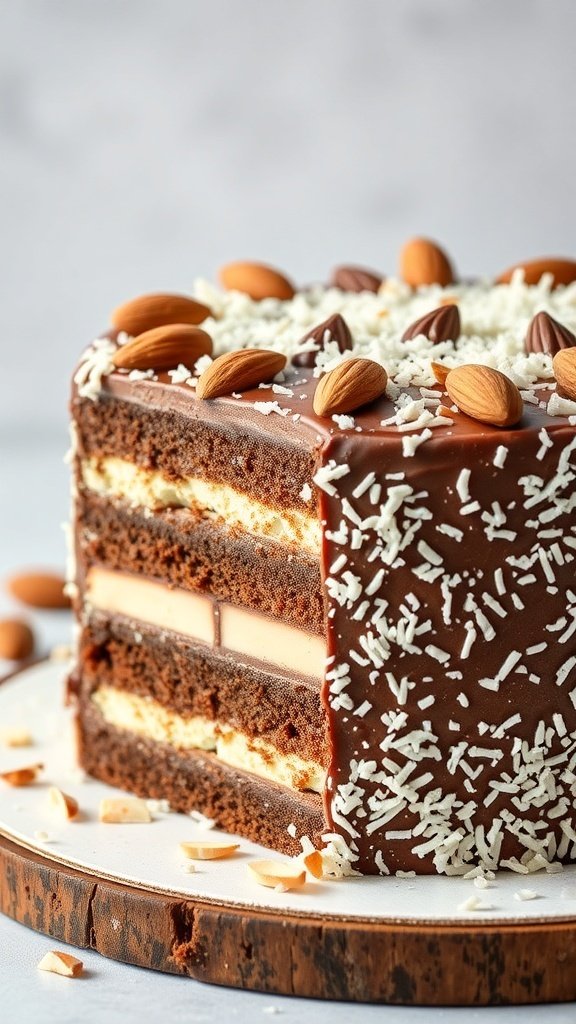 A delicious Almond Joy Cake with chocolate layers, coconut filling, and almonds on top.