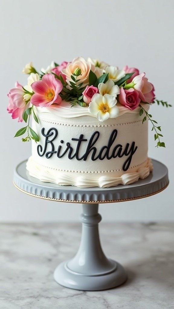 A beautifully decorated birthday cake topped with pink and white flowers, featuring the word 'Birthday' in bold black letters.