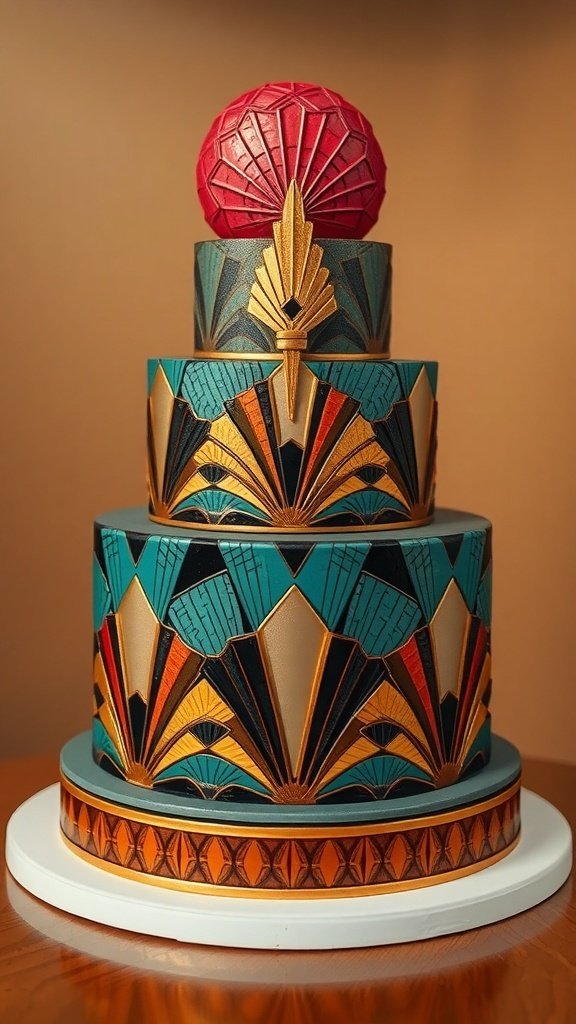 A three-tiered Art Deco cake featuring bold geometric patterns in teal, gold, and red.