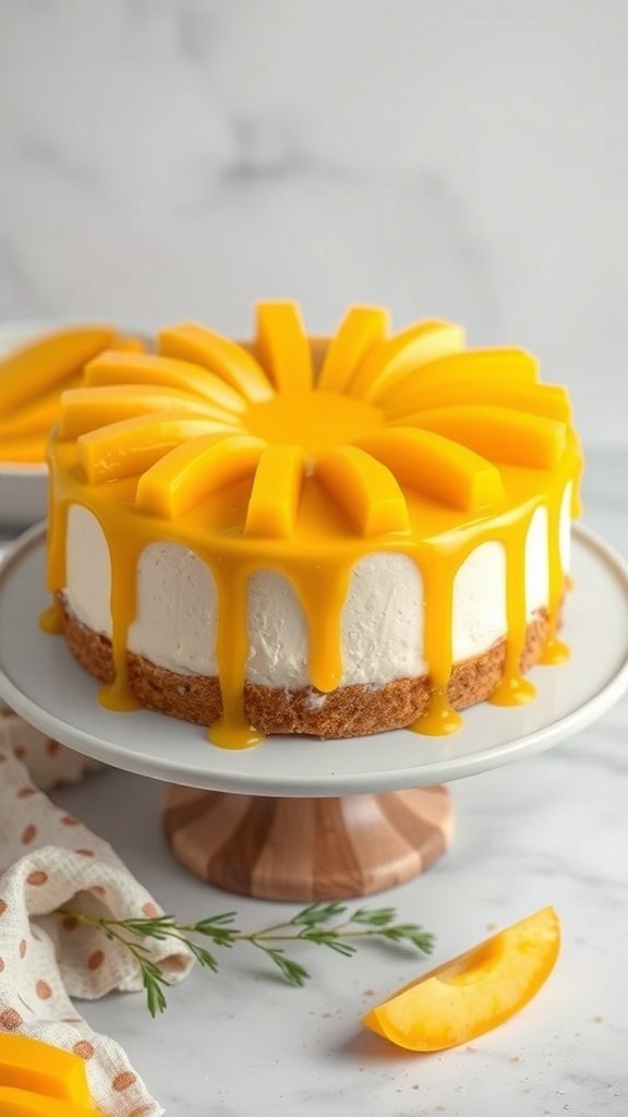 A mango mousse cake with mango slices and glaze on top, displayed on a wooden cake stand.