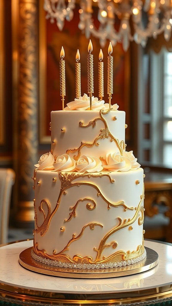 A beautifully decorated birthday cake with gold accents, white frosting, and decorative candles.