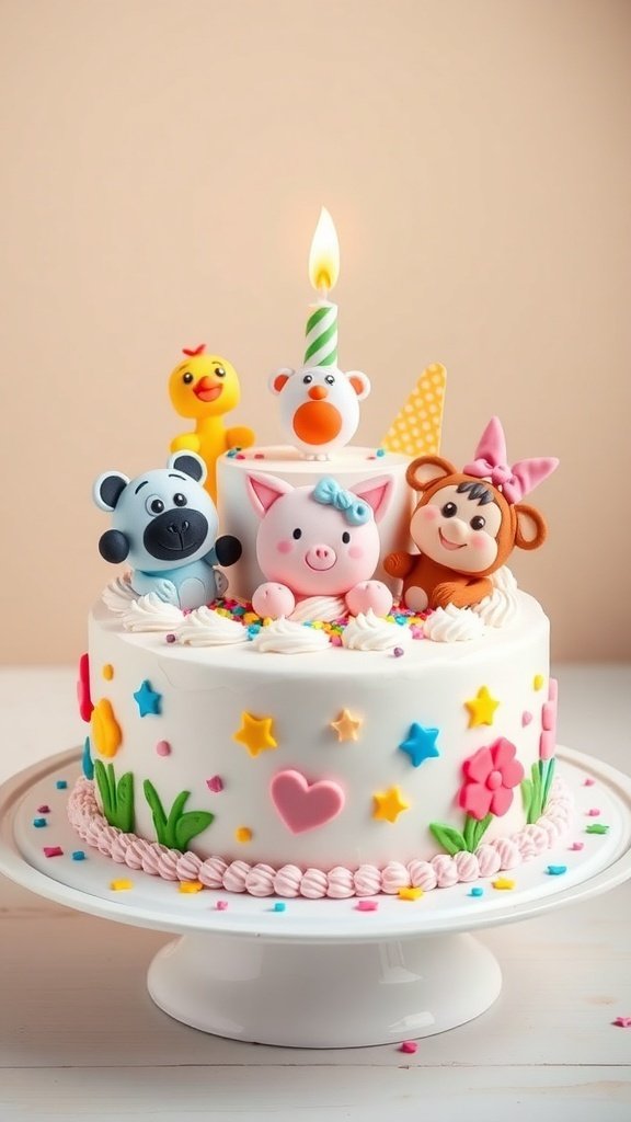 A colorful birthday cake topped with playful cartoon characters, including a pig, duck, bear, and girl, with a lit candle and festive decorations.