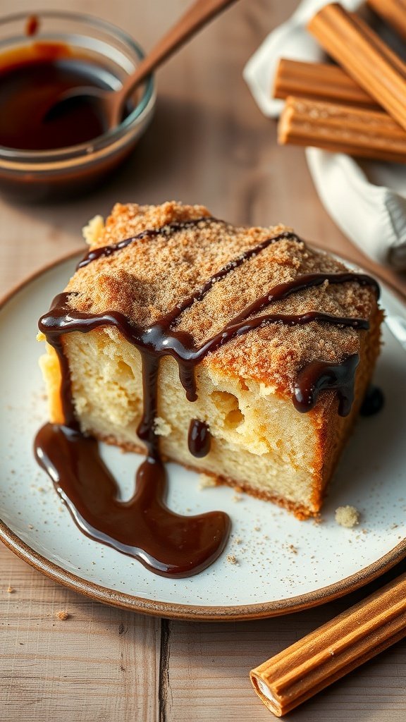 A slice of churro cake topped with chocolate sauce and cinnamon sugar, with churro sticks on the side.