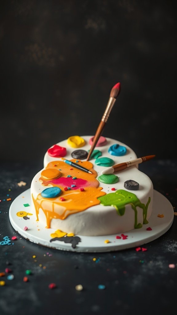 A colorful Art Palette Cake with paint-like icing and a paintbrush on top.