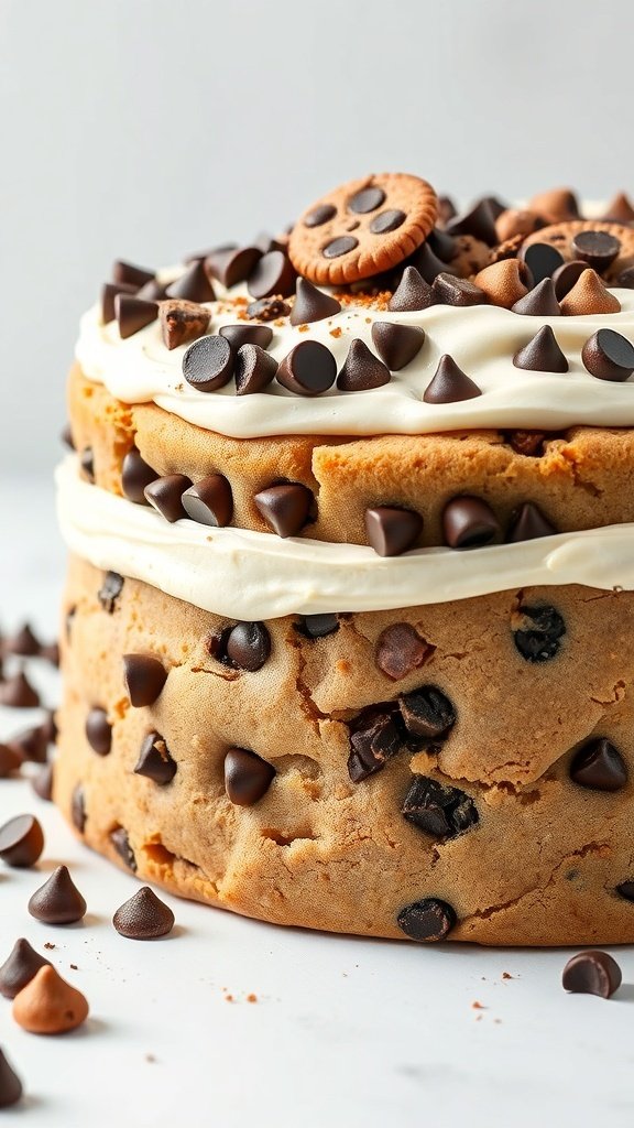 A delicious chocolate chip cookie cake topped with frosting and chocolate chips