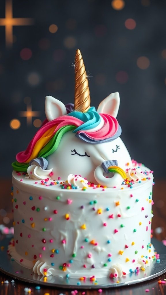 A whimsical unicorn cake with a colorful mane and golden horn, decorated with sprinkles.