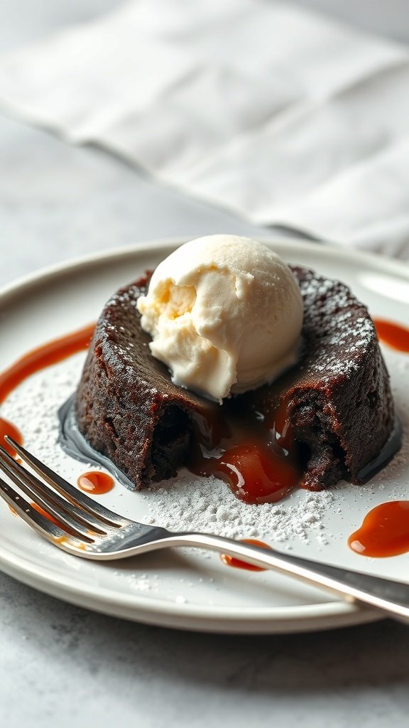 A delicious chocolate lava cake with a scoop of vanilla ice cream on top, served on a plate.