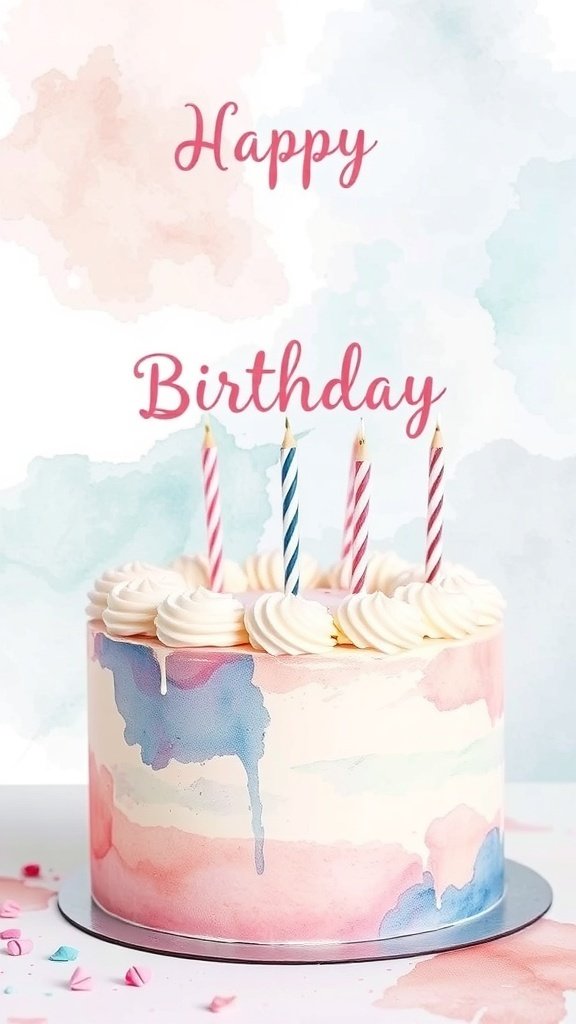 A birthday cake with a watercolor effect, featuring soft pink and blue swirls, topped with four candles and the text 'Happy Birthday'.