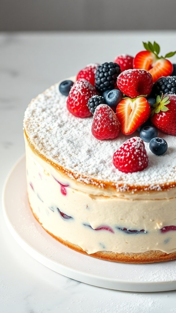 A vanilla bean cake topped with fresh berries and powdered sugar.
