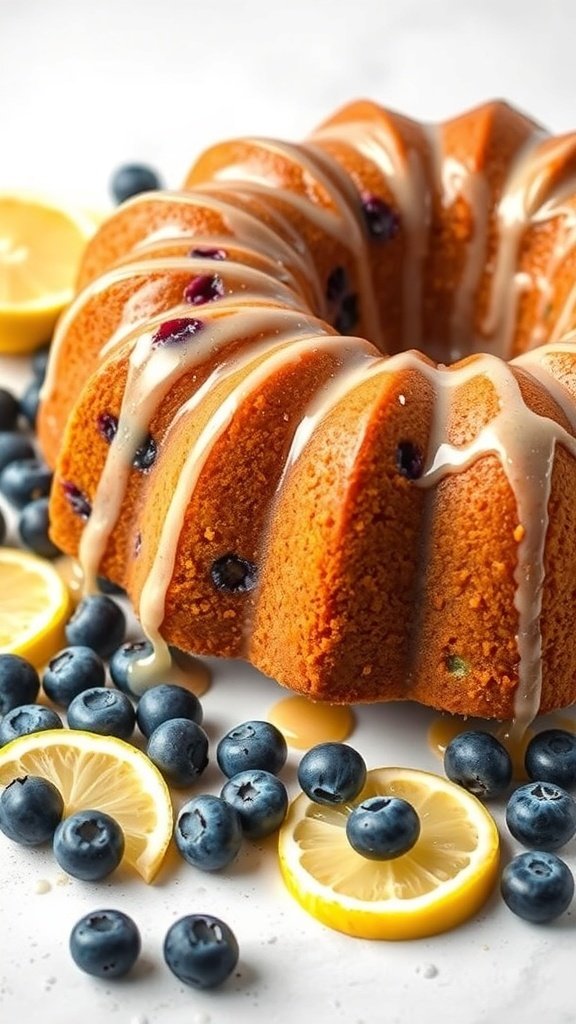Lemon Blueberry Bundt Cake with blueberries and lemon slices