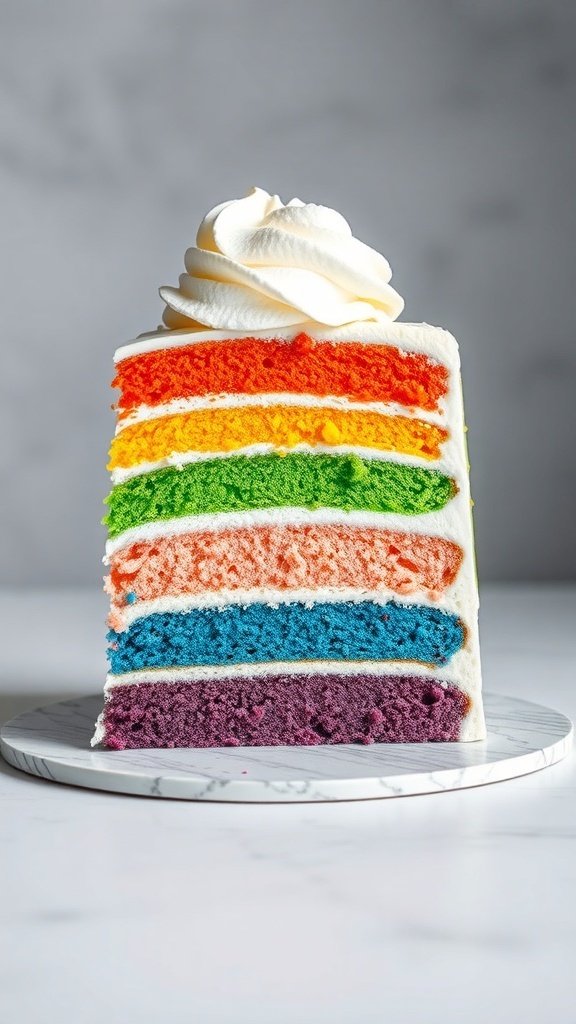 A slice of rainbow layer cake with vibrant colors and whipped cream on top.