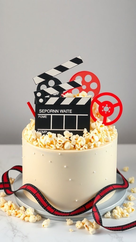 A birthday cake designed for a movie night theme, featuring popcorn, a clapperboard, and film reels.