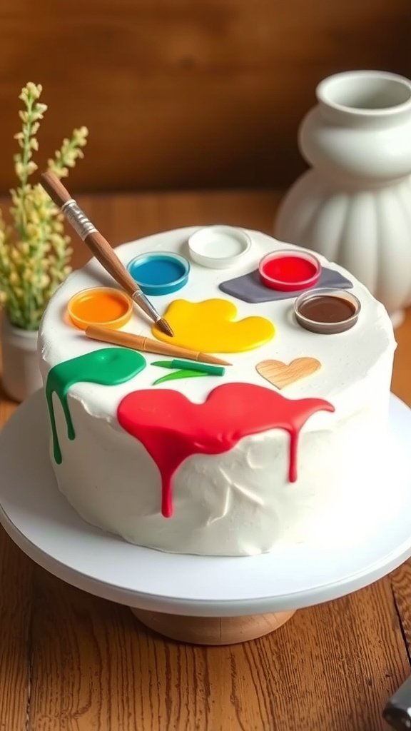 A cake designed to look like an artist's palette, featuring colorful icing and a paintbrush.