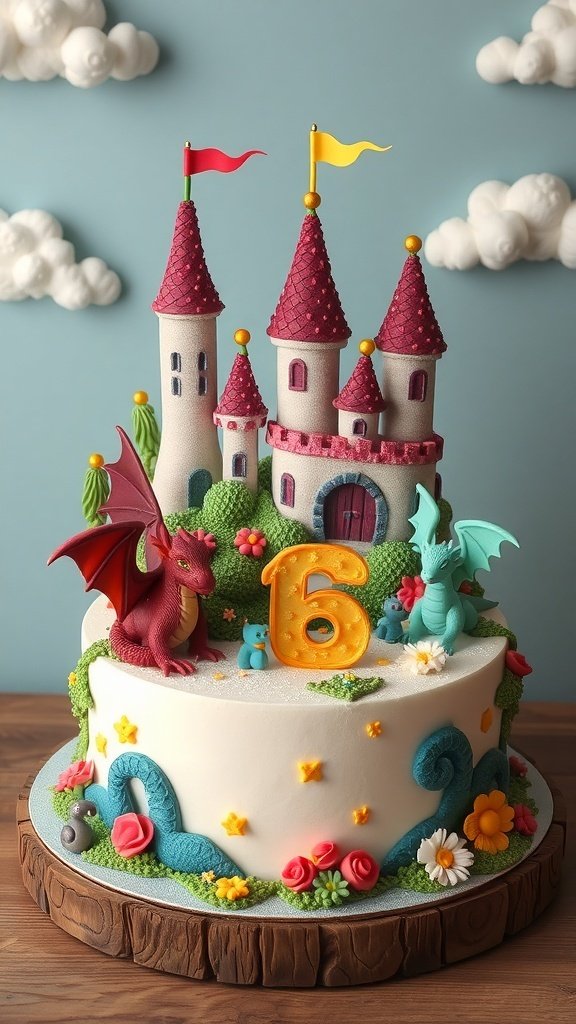 A fantasy-themed cake featuring a castle, two dragons, and colorful decorations for a child's birthday.