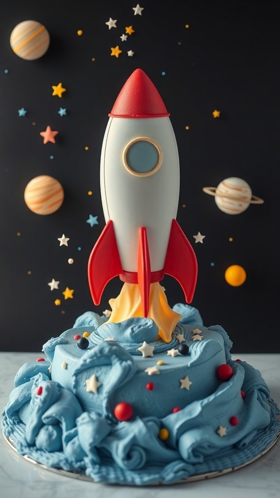 A colorful space rocket cake with blue frosting and decorative stars and planets.