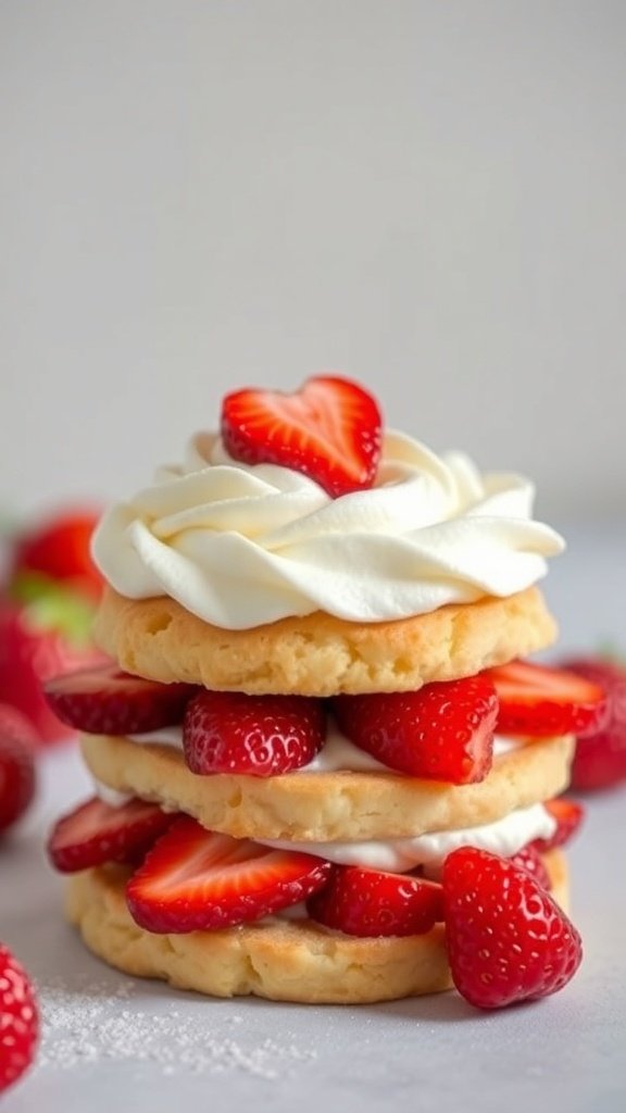 A delicious strawberry shortcake with layers of biscuits, strawberries, and whipped cream, topped with a heart-shaped strawberry.