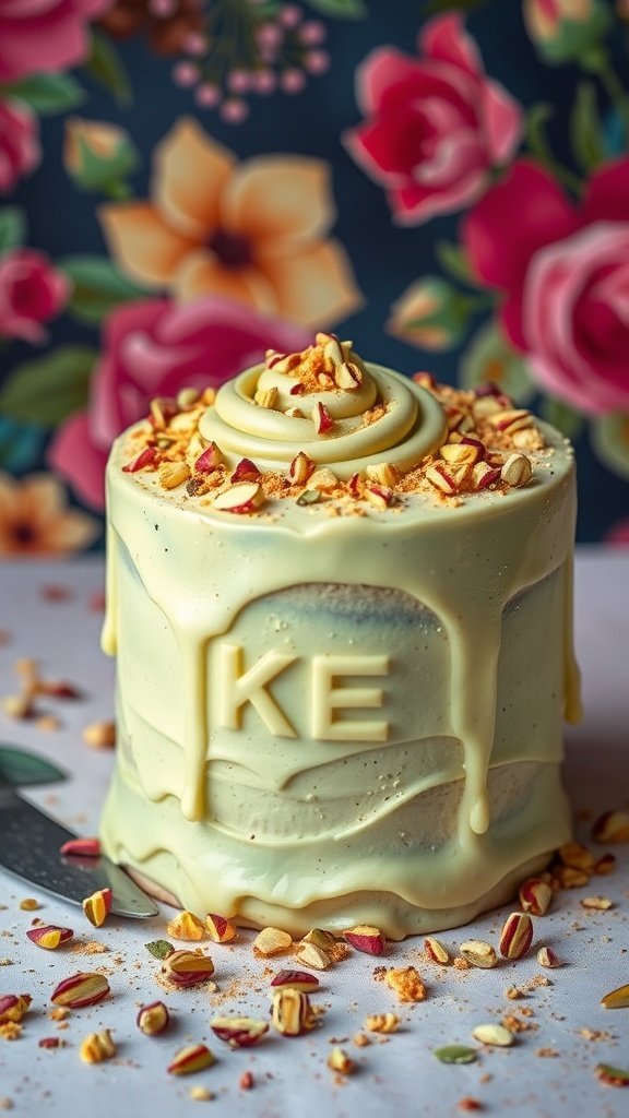 A beautifully decorated pistachio cake with rosewater frosting, topped with chopped pistachios and a floral background.