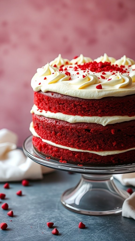 A three-layer red velvet cake with cream cheese frosting, decorated with red velvet crumbs on top.