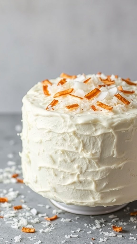 A coconut cream cake topped with toasted coconut and orange accents.