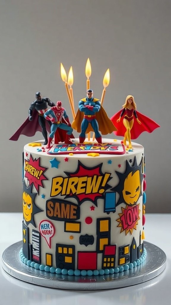 A colorful superhero comic cake with figurines and comic-style decorations.