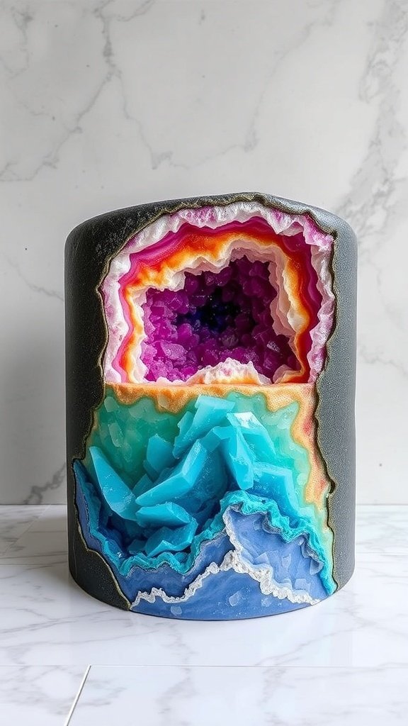 A stunning geode-inspired cake with vibrant purple, blue, and pink colors, resembling natural crystals.