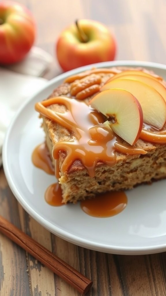 A slice of apple cinnamon cake topped with caramel sauce and apple slices, with whole apples in the background.