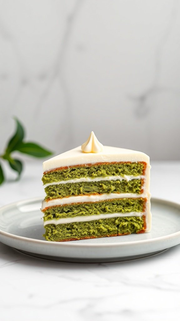 A slice of Matcha Green Tea Cake with White Chocolate frosting on a plate.