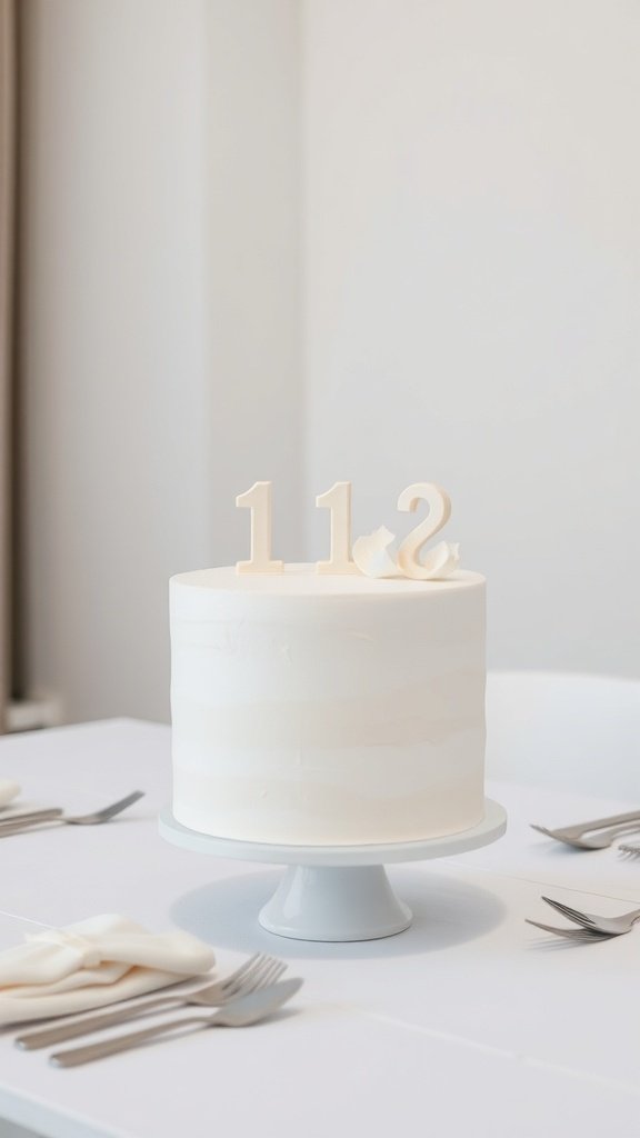 A minimalist white birthday cake with number candles on top, set on a simple white table.