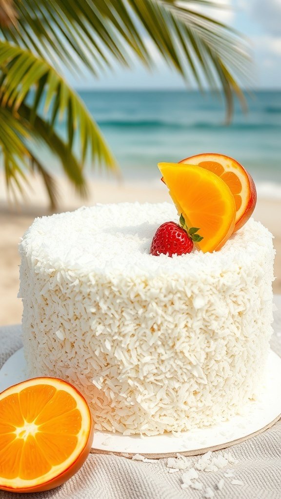 A tropical coconut cake decorated with orange and strawberry slices, set against a beach background.