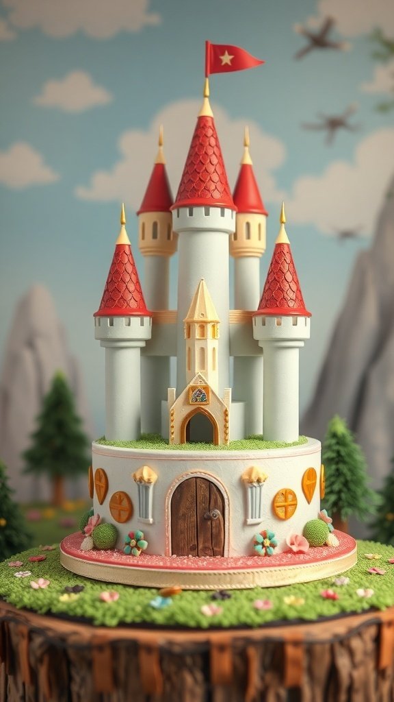 A beautifully crafted Fairytale Castle Cake with red rooftops, colorful decorations, and a whimsical design.