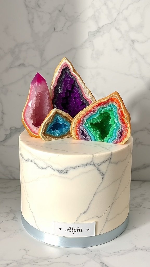 A geode-inspired cake with colorful edible crystals on top, set against a marble background.