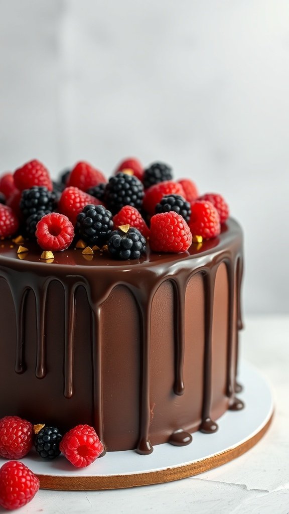 A chocolate drip cake topped with raspberries and blackberries, showcasing a glossy chocolate glaze.