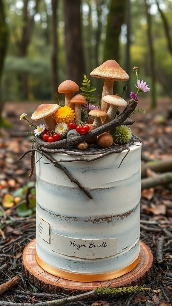 A rustic woodland cake decorated with edible mushrooms, flowers, and berries, set in a forest environment.